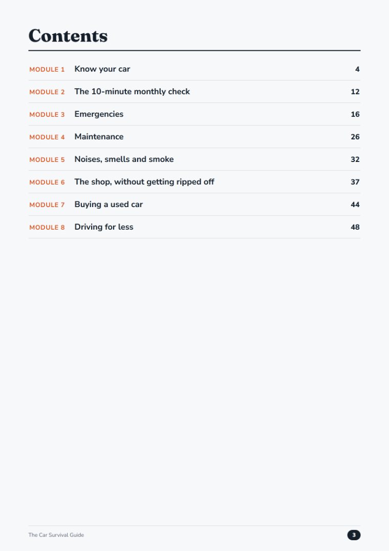 The contents page of The Car Survival Guide